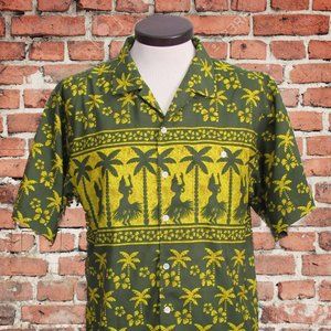 Vintage Ocean Pacific OP Hawaiian Shirt Green Palm Trees Women Dancing Large EUC